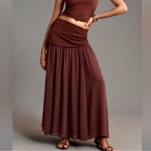 NWT by Anthropologie dropped yoke-waist sheer maxi skirt brown lined cocoa